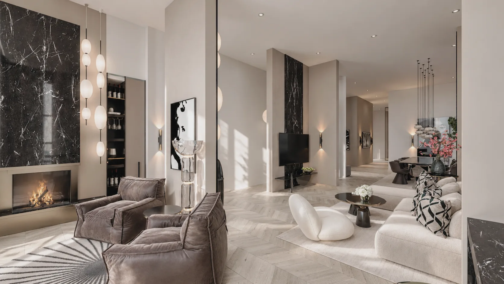 Visualisierung Penthouse, Wohnbereich mit Kamin – Good Design